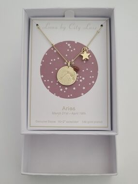 Gold Plated Aries Constellation Pendant Necklace with Star and Birthstone